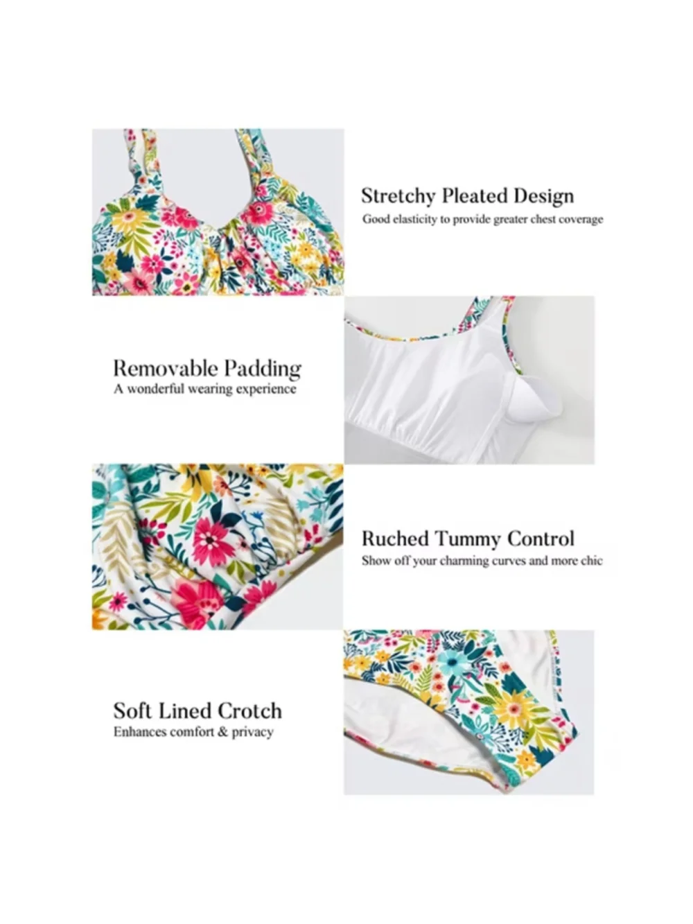 Women's One Piece Swimsuit Size L Ruched Tummy Control Square Neck Padded Floral